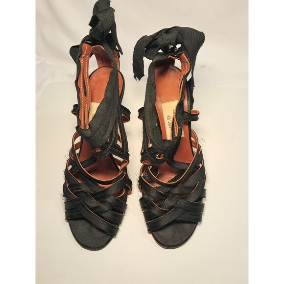 LANVIN Size 37.5 EU/7 US  Black Satin Strappy 3.75" Stiletto Sandals Ribbon Bow - Picture 3 of 12